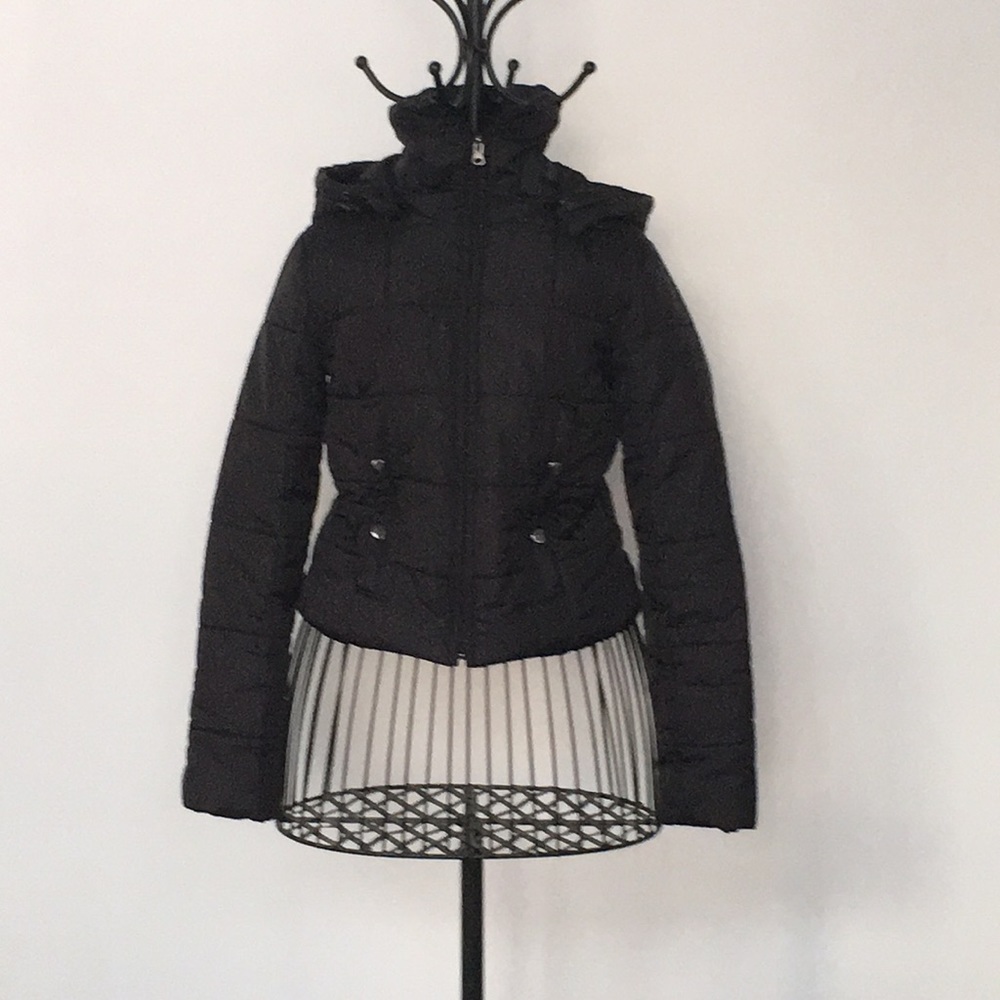 Black XS Puffer hooded  jacket.